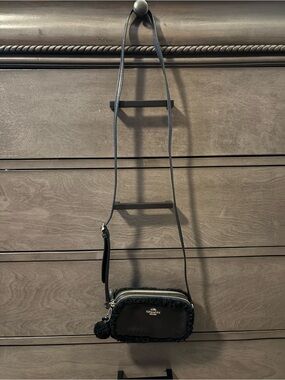 Coach Black Leather & Shearling Crossbody with Pom Pom